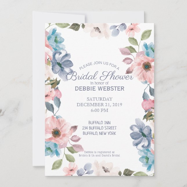 Pastel Blue Pink Purple Wedding Bridal Shower Invitation (Front)