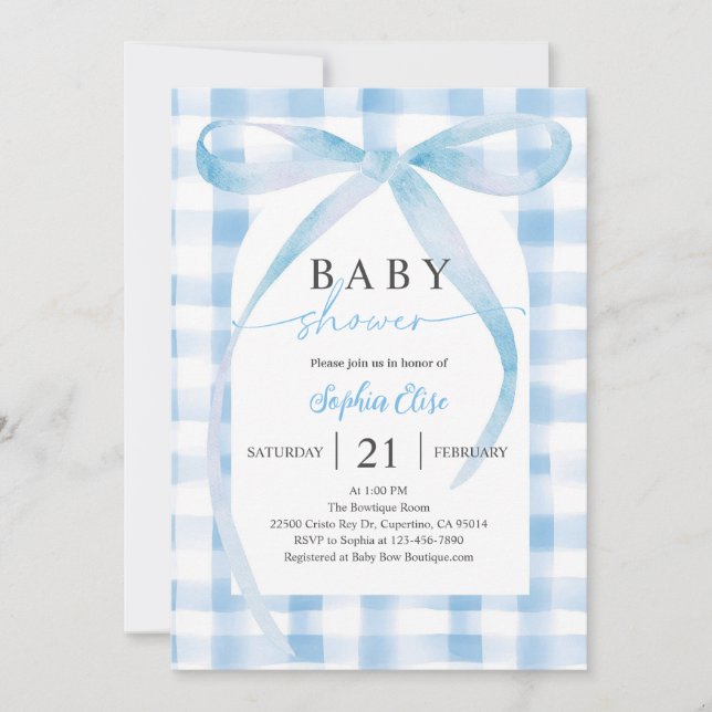 Pastel Blue Plaid Bow Baby Shower Invitation (Front)