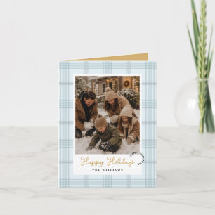 Pastel Blue Plaid & Gold Two Photos Christmas Holiday Card
