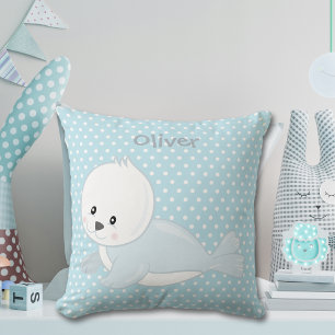 Pastel Blue Polka-Dot Baby Arctic Seal Monogram Cushion