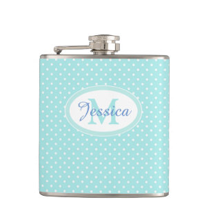 Pastel Blue Polka Dot Personalised Hip Flask