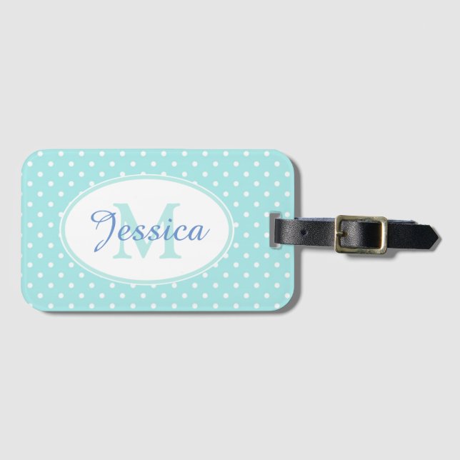 Pastel Blue Polka Dot Personalised Luggage Tag (Front Horizontal)