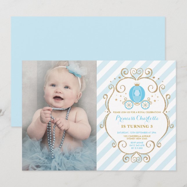 Pastel Blue Princess Cinderella Carriage Birthday Invitation (Front/Back)