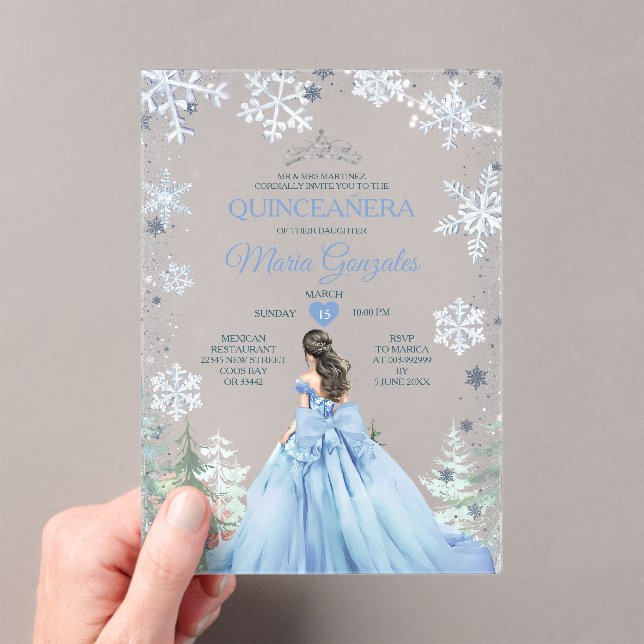 Pastel Blue Princess Winter Forest Quinceañera Acrylic Invitations (Insitu (Handheld))