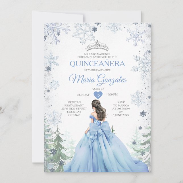 Pastel Blue Princess Winter Forest Quinceañera Invitation (Front)