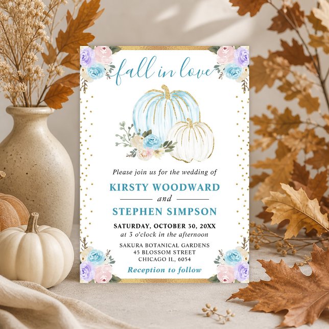Pastel Blue & Purple Floral Pumpkins Fall Wedding Invitation (Creator Uploaded)