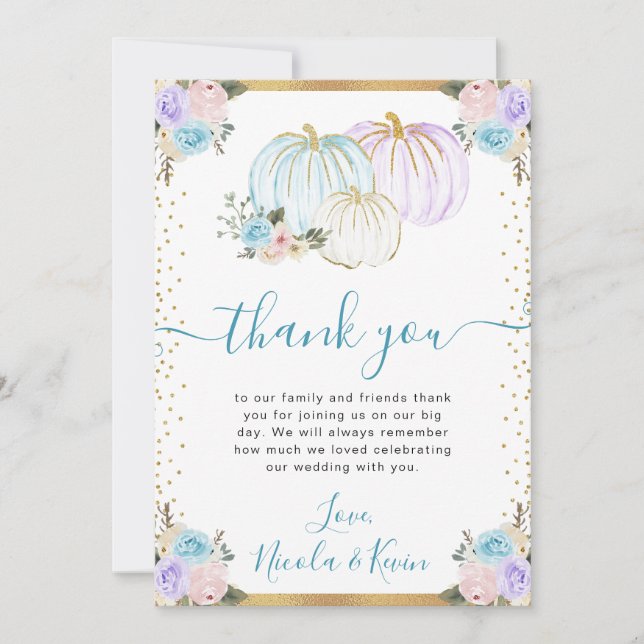 Pastel Blue & Purple Floral Pumpkins Fall Wedding Thank You Card (Front)