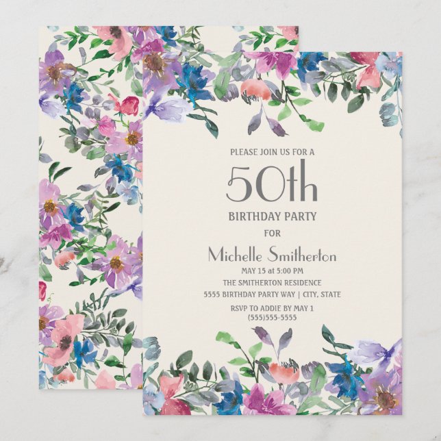 Pastel Blue Purple Floral Women's 50th Birthday Invitation (Front/Back)