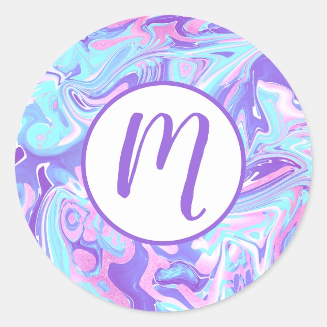 Pastel Blue & Purple Marble Liquid Texture Classic Round Sticker (Front)