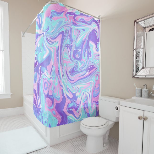 Pastel Blue & Purple Marble Liquid Texture Shower Curtain (In Situ)