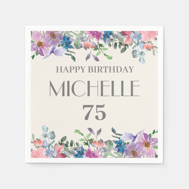 Pastel Blue Purple Pink Floral 75th Birthday Women Napkin (Front)