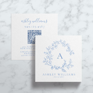 Pastel Blue QR Code Monogram Floral Crest Square Business Card