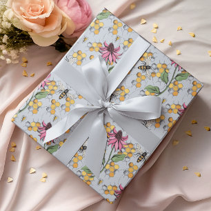 Pastel Blue Queen Bee, Honeycomb & Exotic Flowers  Wrapping Paper