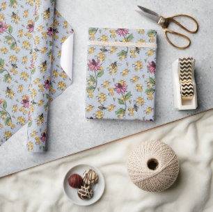 Pastel Blue Queen Bee, Honeycomb & Exotic Flowers  Wrapping Paper
