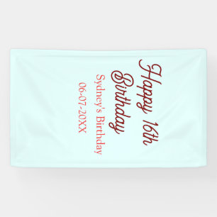 Pastel blue red happy 16th birthday name date eleg banner