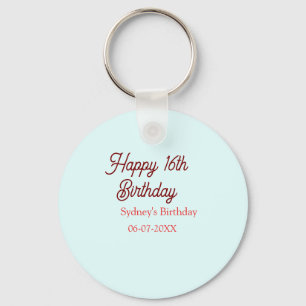 Pastel blue red happy 16th birthday name date eleg key ring