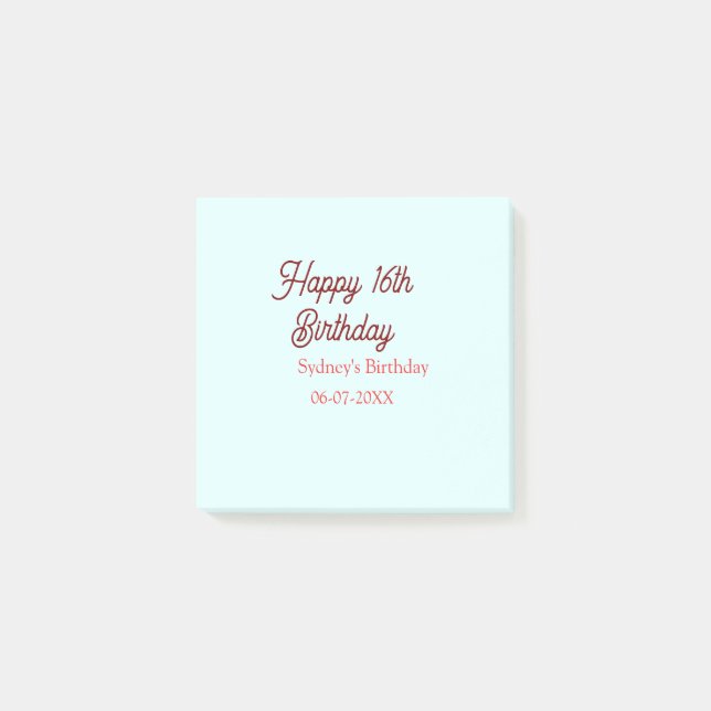 Pastel blue red happy 16th birthday name date eleg post-it notes (Front)