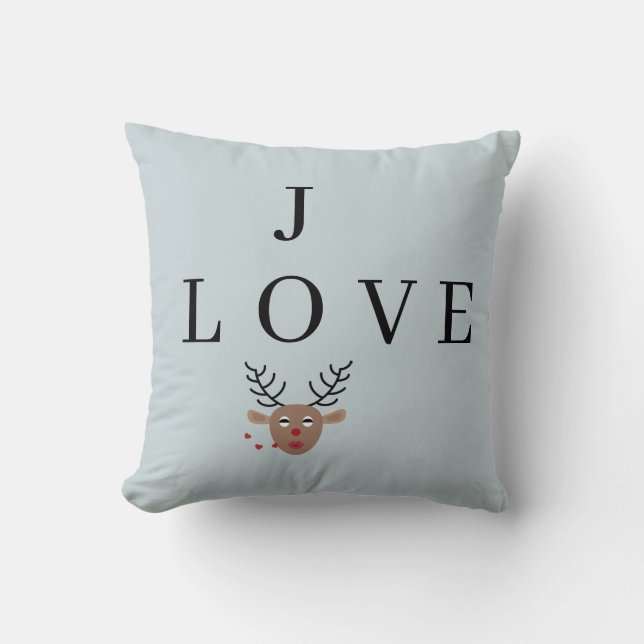 Pastel Blue Reindeer Love Joy Festive Christmas Cushion (Front)