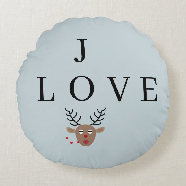 Pastel Blue Reindeer Love Joy Festive Christmas Round Cushion (Front)