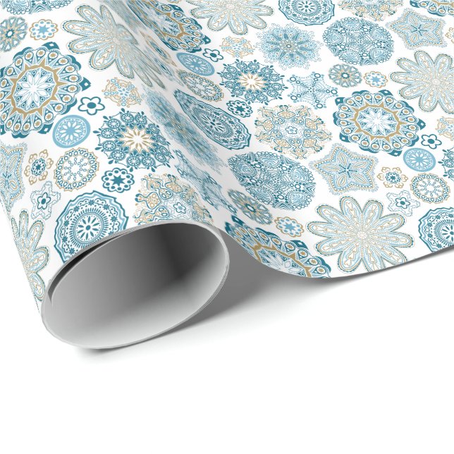 Pastel Blue Retro Abstract Christmas Snowflakes Wrapping Paper (Roll Corner)