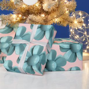 Pastel Blue Retro Daisy MOD Flower Wedding Pink Wrapping Paper