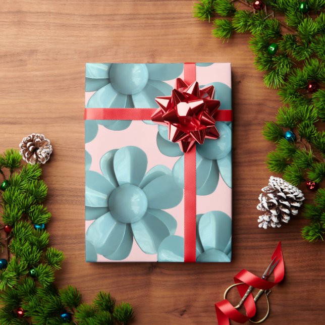 Pastel Blue Retro Daisy MOD Flower Wedding Pink Wrapping Paper (Holiday Gift)