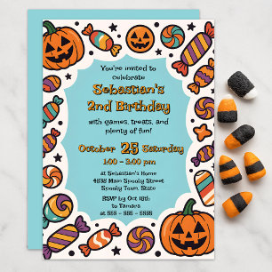 Pastel Blue Retro Pumpkin Toddler Halloween Party Invitation