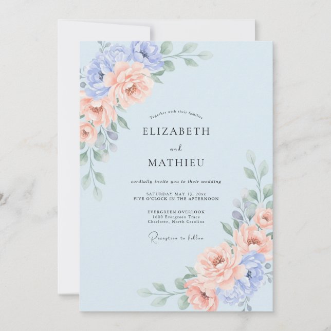 Pastel Blue Romantic Floral Wedding Invitation (Front)