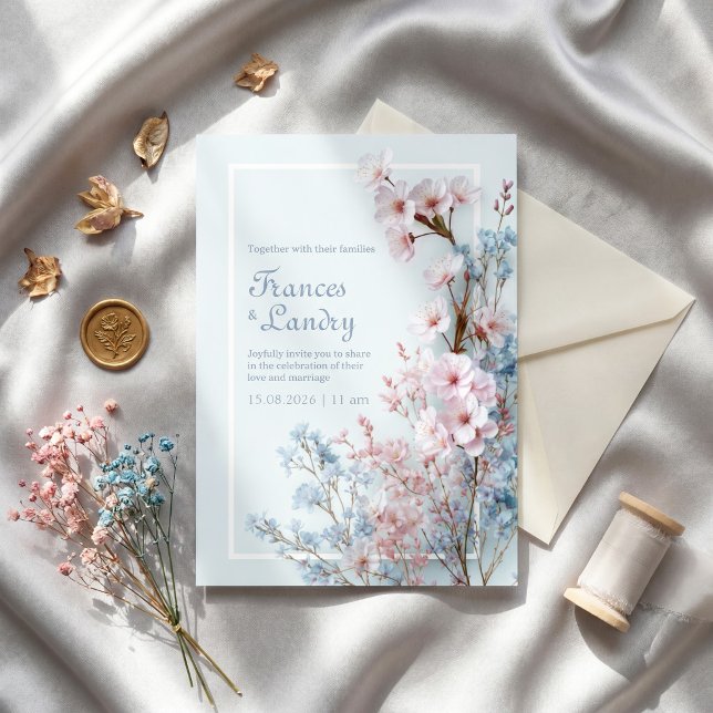Pastel Blue Romantic Sakura Botanical Border Invitation (Creator Uploaded)