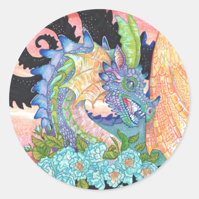 Pastel Blue Rose Dragon Classic Round Sticker (Front)