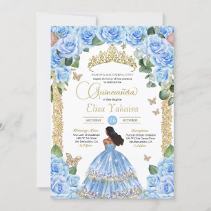 Pastel Blue Rose & Gold Butterfly Quinceañera Invitation