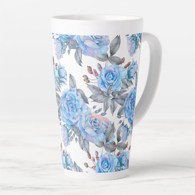 Pastel blue rose pattern latte mug (Right Angle)