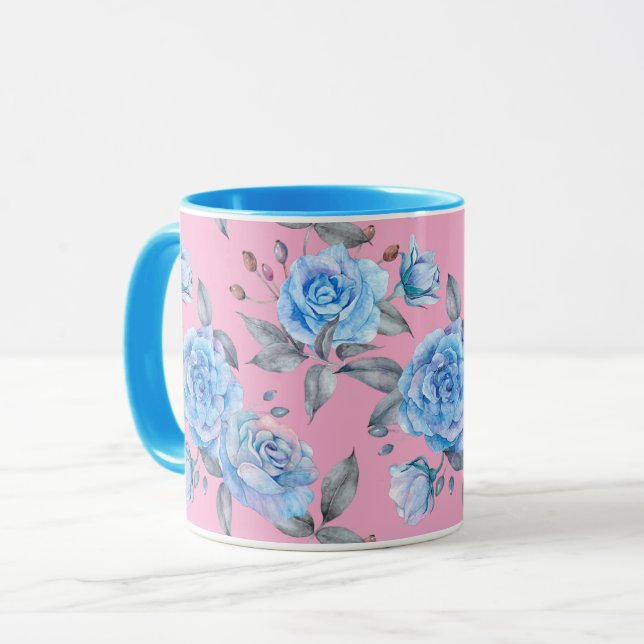 Pastel blue rose pattern, pink background, mug (Front Left)