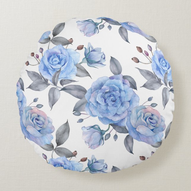 Pastel blue rose pattern round cushion (Front)