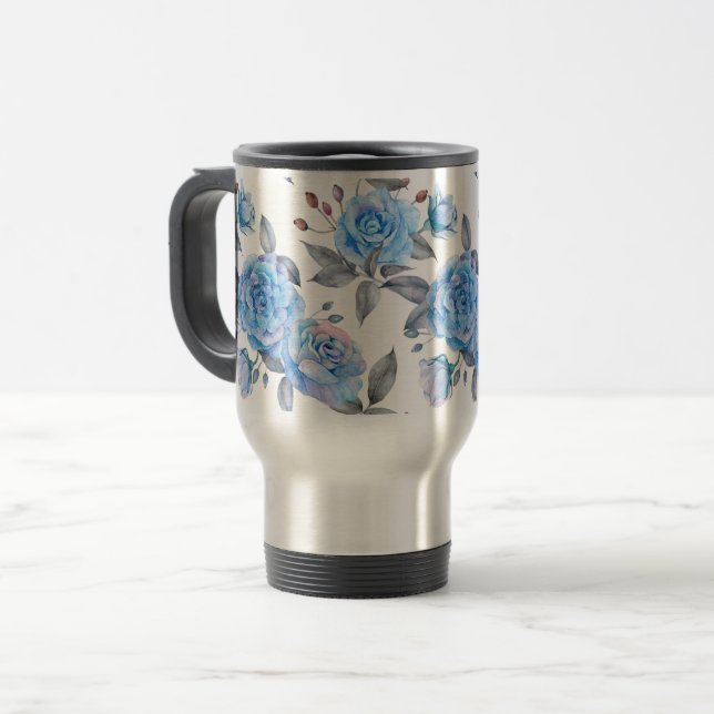 Pastel blue rose pattern travel mug (Front Left)