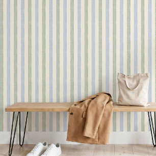 Pastel Blue Sage Green Stripe Boho Farmhouse Wallpaper