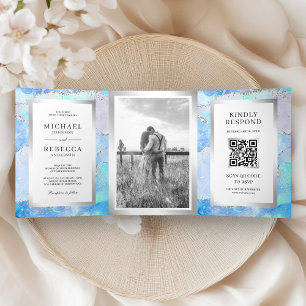 Pastel Blue Silver Agate Marble QR Code Wedding Tri-Fold Invitation