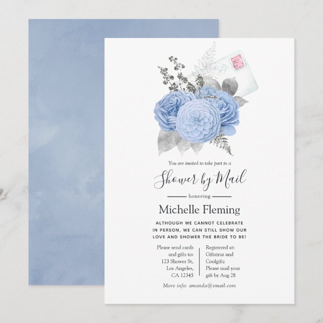 Pastel Blue & Silver Baby or Bridal Shower by Mail Invitation (Front/Back)
