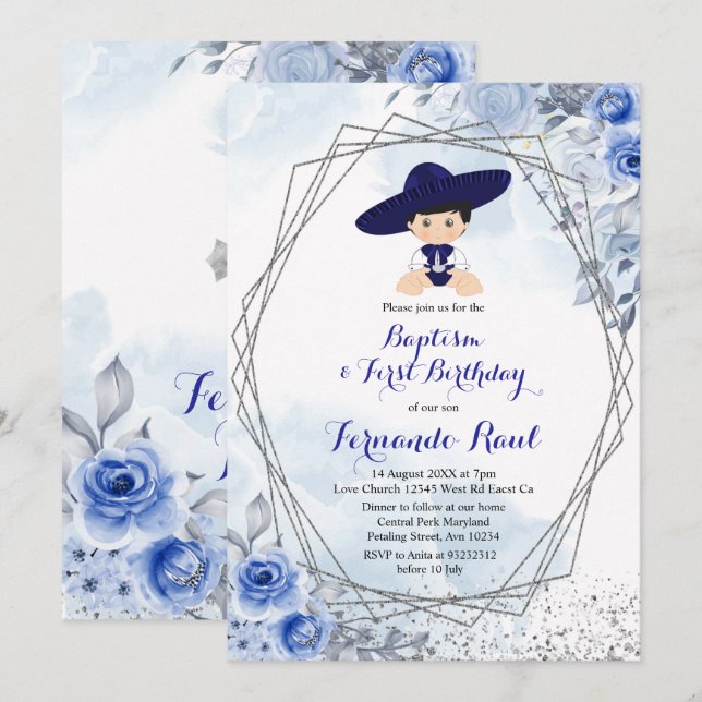 Pastel Blue Silver Fiesta Boy Baptism Birthday Invitation (Front/Back)
