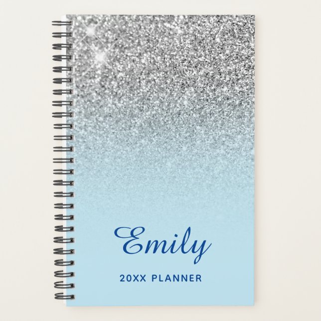 Pastel Blue Silver Glitter Ombre Personalised Planner (Front)
