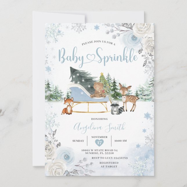 Pastel Blue Sleigh Winter Animals Baby Sprinkle Invitation (Front)