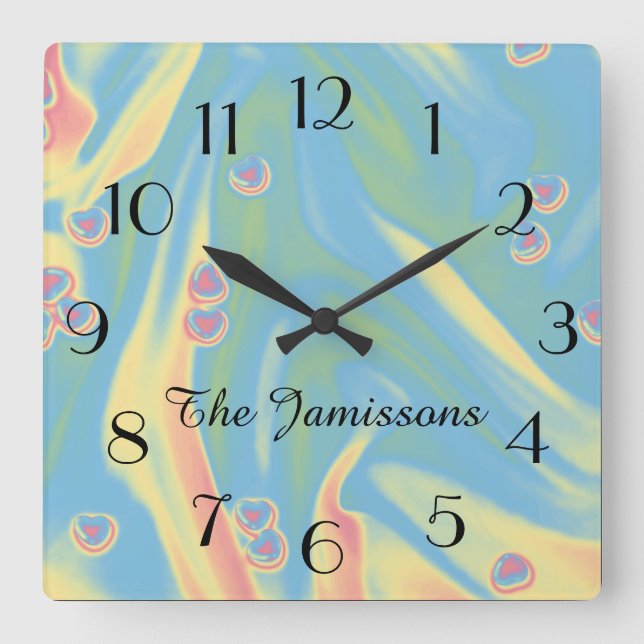 Pastel Blue Small Hearts, Name, Round or Square Wall Clock (Front)