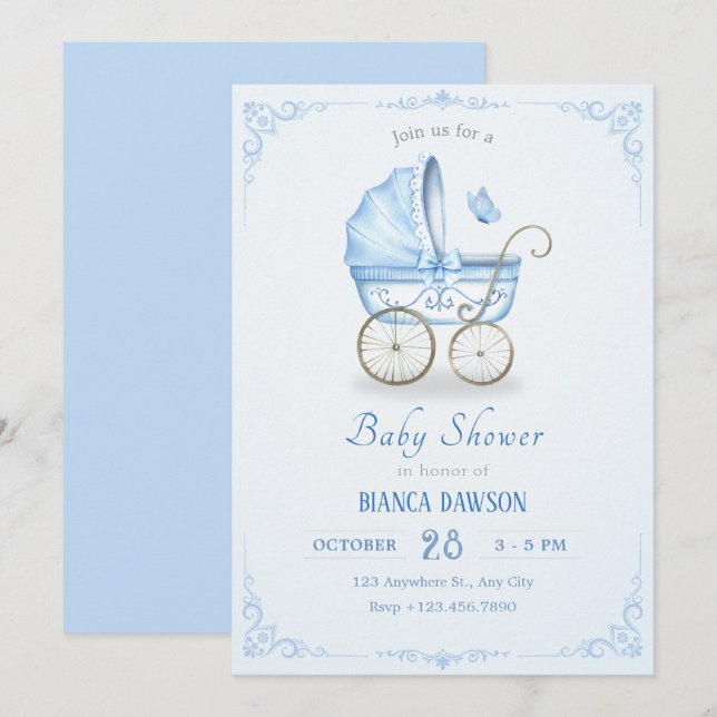 Pastel blue soft baby stroller baby shower invitation (Front/Back)