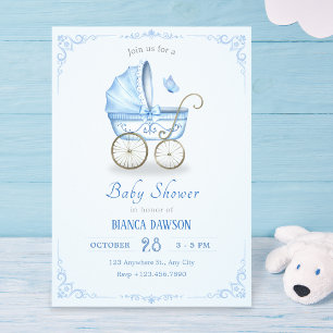 Pastel blue soft baby stroller baby shower invitation