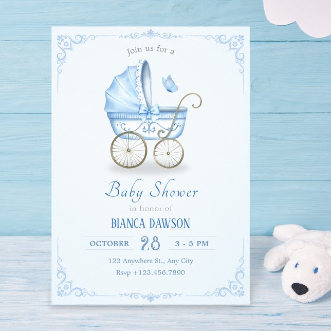 Pastel blue soft baby stroller baby shower invitation (Creator Uploaded)