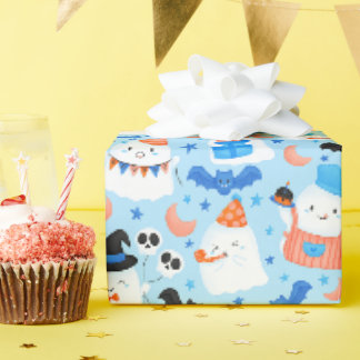 Pastel Blue Spooky Cute Birthday Allover Pattern Wrapping Paper
