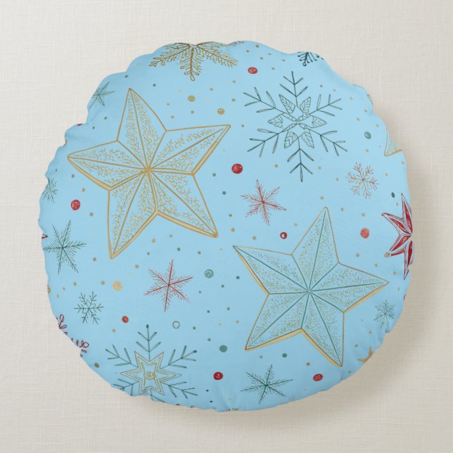 "Pastel Blue Star Pattern Round Pillow (Front)