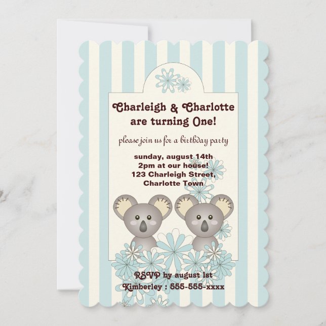 Pastel Blue Stripe Baby Koala Twin Kids Birthday Invitation (Front)