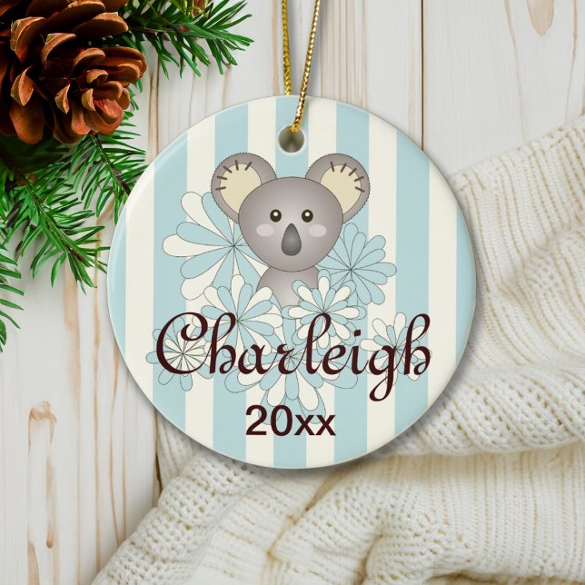 Pastel Blue Stripe Cute Baby Koala Kids Christmas Ceramic Tree Decoration (Creator Uploaded)