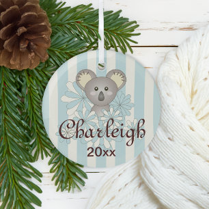 Pastel Blue Stripe Cute Baby Koala Kids Glass Tree Decoration
